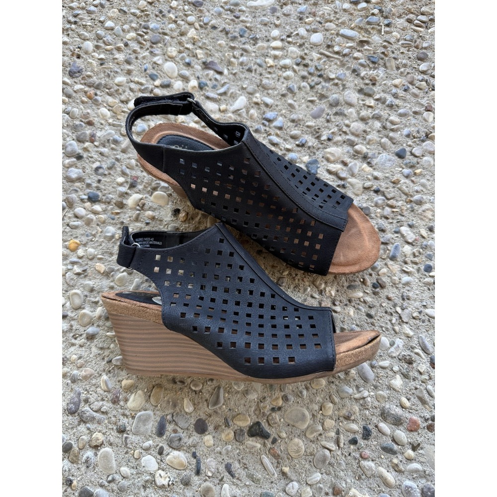 Eurosoft Valerie Wedge Shoes Womens Size 7 Black Peep Toe Sandals Comfort Casual